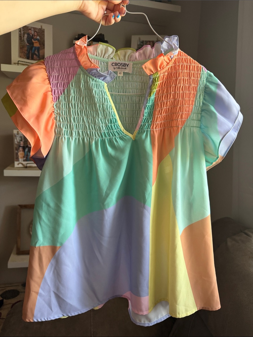 Crosby. Pastel Multi-Color Smocked Flutter Sleeve Blouse